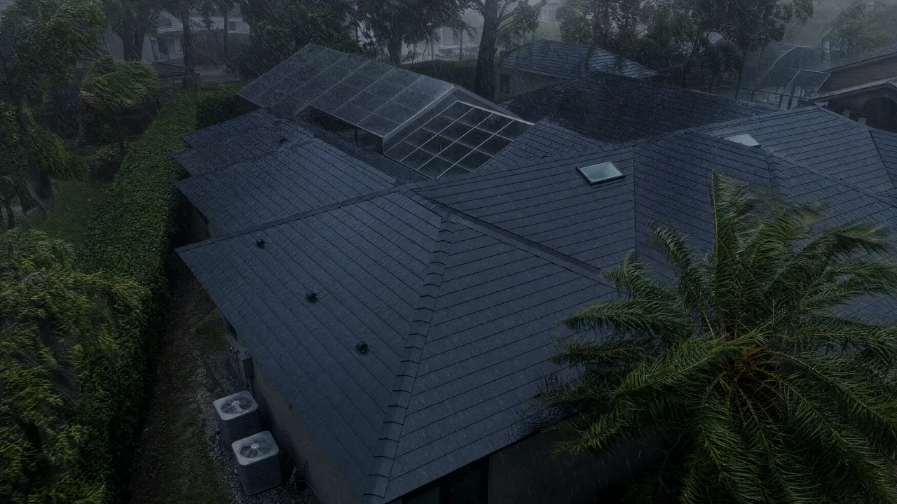 A Metlok metal roof standing firm through a heavy storm with wind-blown palms.